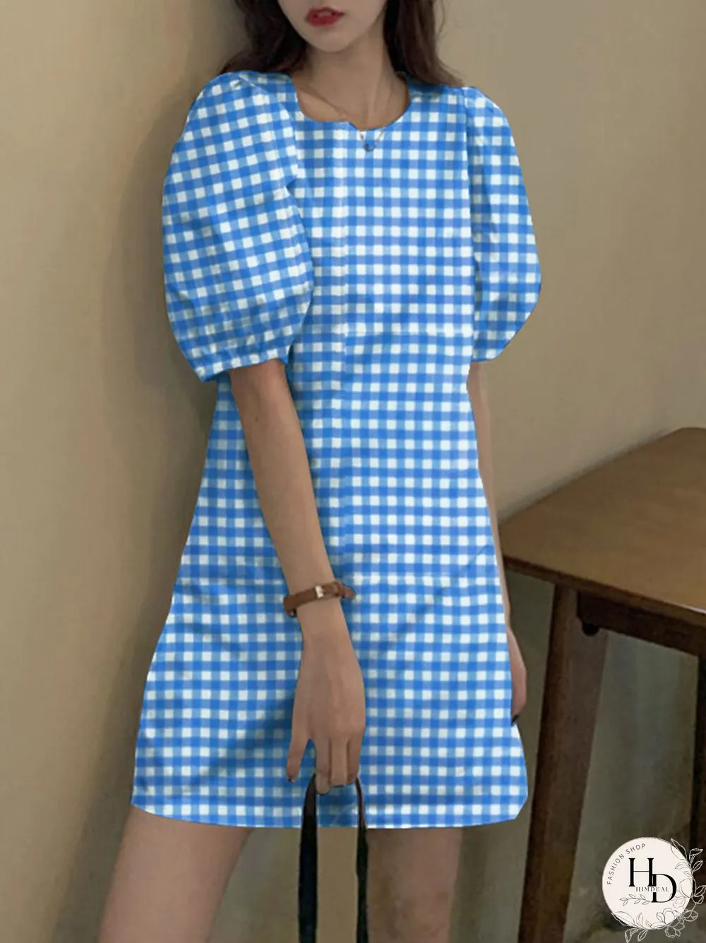 Check Print Puff Sleeve Keyhole Back Crew Neck Dress