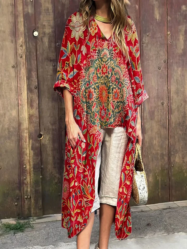 Women's Vintage Floral Art Print V-Neck Cotton Short Sleeve Dress