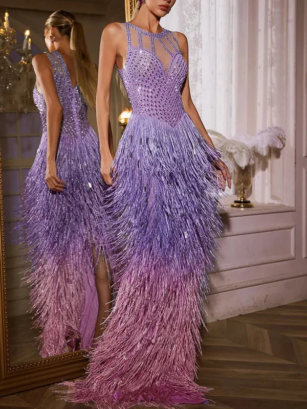 Rhinestone Mesh Sleeveless Tasseled Splicing maxi Dresses Party Dresses