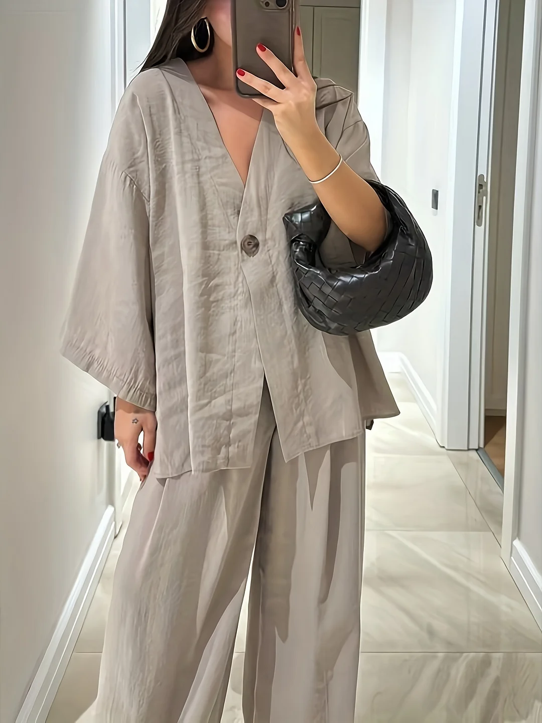 Women's Casual V-Neck Top And Wide Leg Pants Set - Solid Color, Spring/Summer Style, Casual Attire | Vneck Top | Wide Leg Pant | IFYHOME