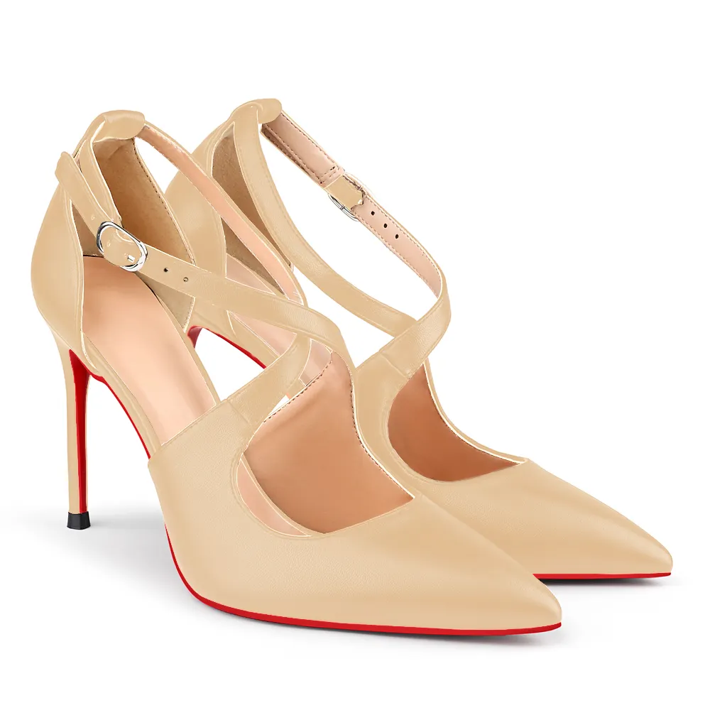 95mm Women's Pointed Toe Cross Strap Heels Red Bottoms Pumps Shoes Matte-vocosishoes