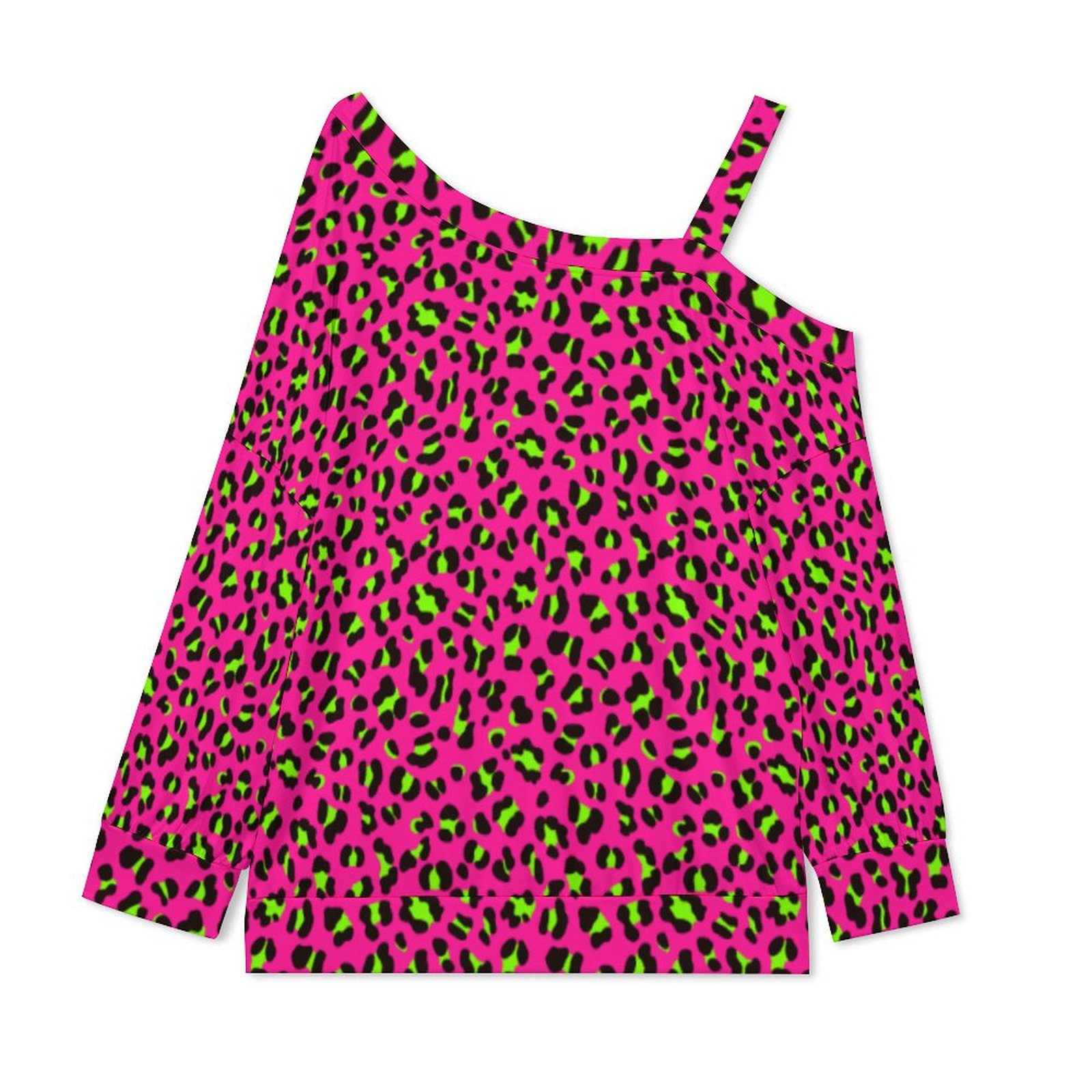 80S Neon Pink Fuchsia And Lime Green Leopard One Off Shoulder Shirt Women Casual Asymmetric Round Neck Long Sleeve T-Shirt Coolcoshirts