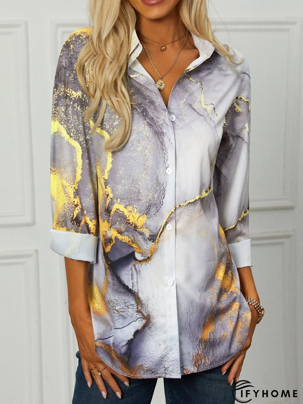 Casual Shawl Collar Abstract Long sleeve Loose Blouse | IFYHOME