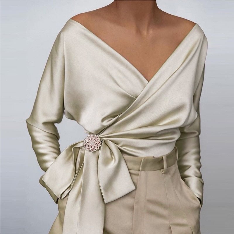 V Neck Sexy Women Satin Blouse 2022 Bow Tie Chiffon Silk Shirt Long Sleeve Women Tops Lace-up Lady Blouses Elegant Blusas 19178