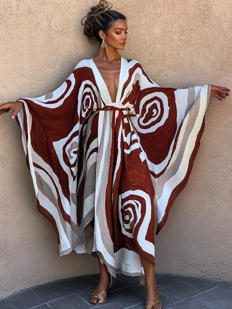 Ladies' Brushstroke Symphony Art Red-White Linen V-Neck Robe
