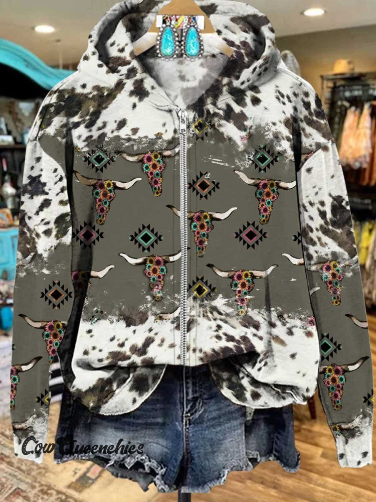 Cow Texture Aztec Art Print Casual Zip Hoodie Sweatshirt Multicolor / S