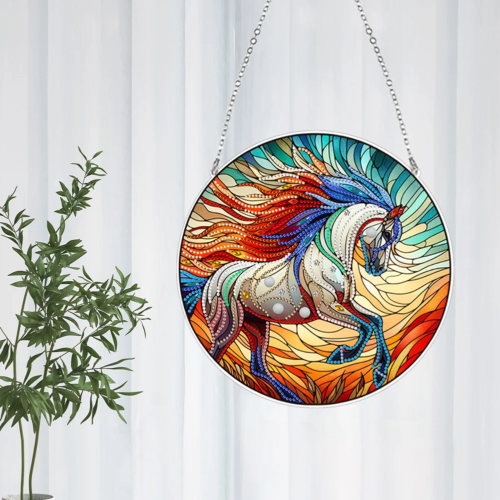 DIY Horse Stained Glass Acrylic Diamond Painting Hanging Pendant for Home Wall Decor