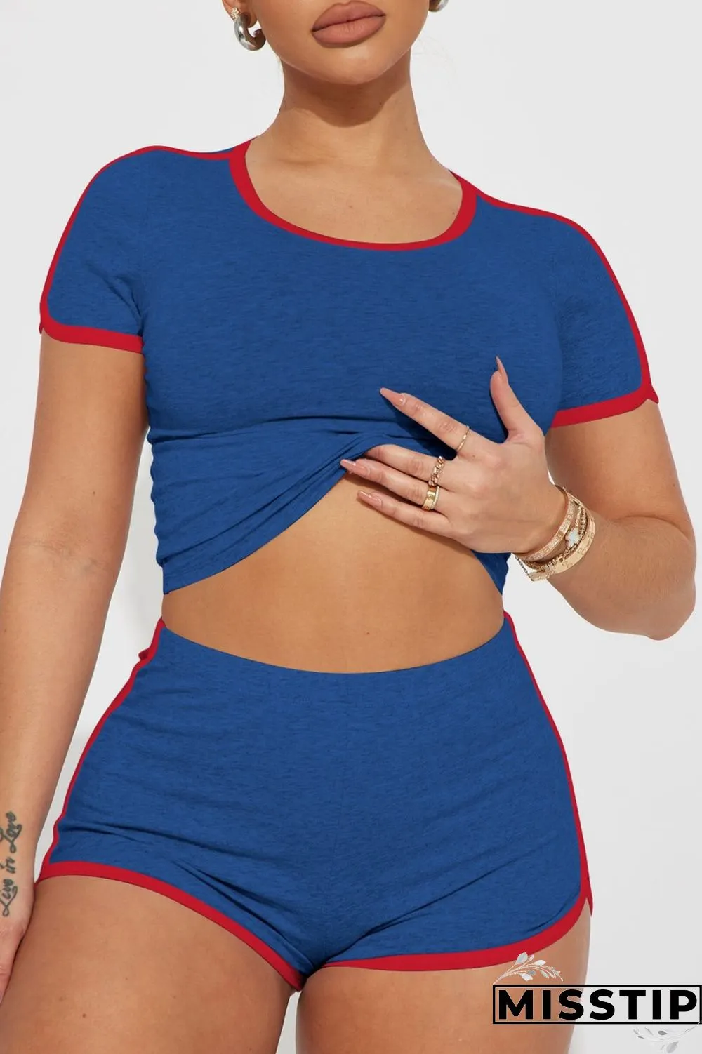 Navy Blue Casual Solid Patchwork O Neck Short Sleeve Two Pieces