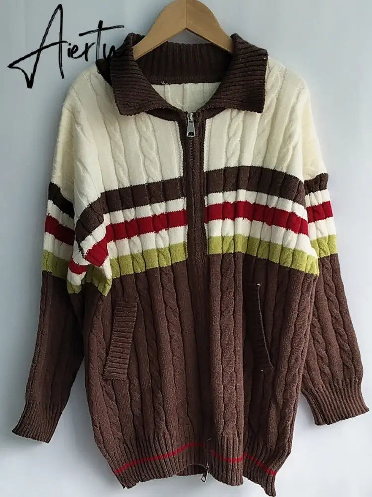 Y2k Aesthetic Vintage Tassel Knitted Cardigan Spring Oversize Loose Contrast Women Sweater Zipper Harajuku Cardigans Femme Aiertu