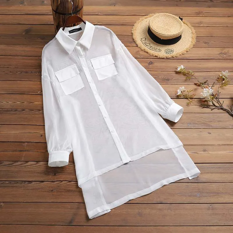 ZANZEA Sexy Women Summer Mesh Sheer Shirt Casual Lapel Neck Long Sleeve Blouse Black Tunic Top Club Chemise See Through Tops