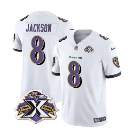 Men's Baltimore Ravens #8 Lamar Jackson White 2023 F.U.S.E With Patch Throwback Vapor Limited Jersey