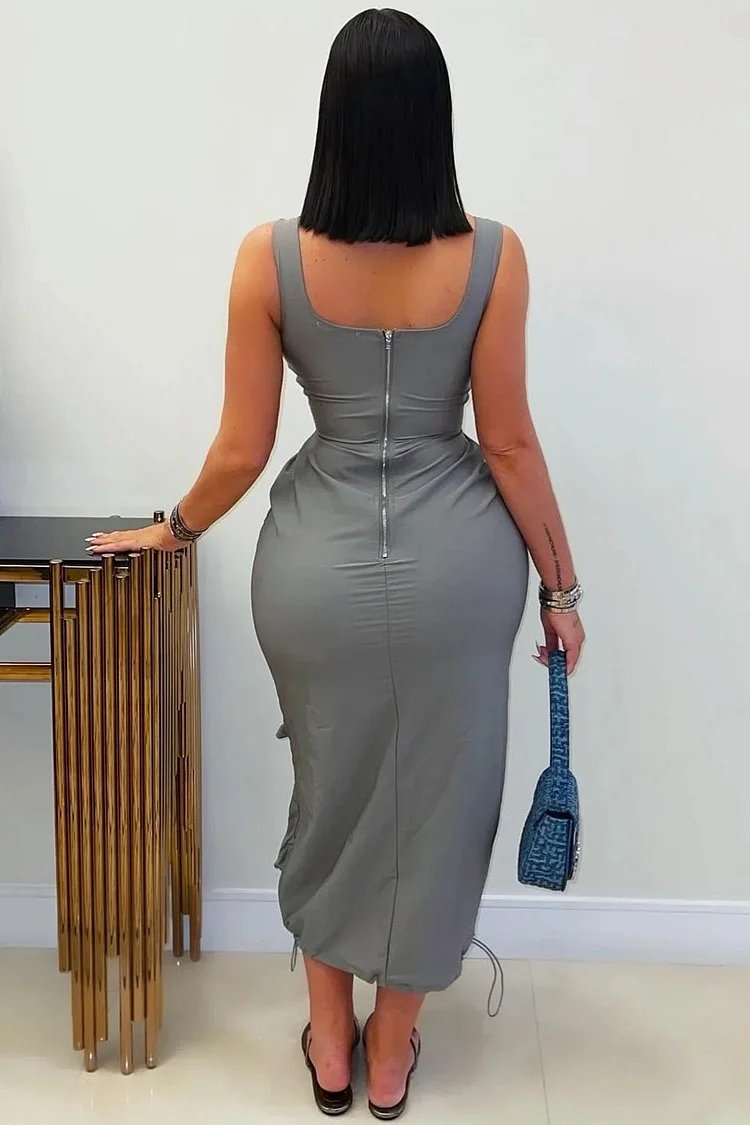Square Neck Cargo Pocket Slim-Fit Sleeveless Midi Dresses-Gray [Pre Order]