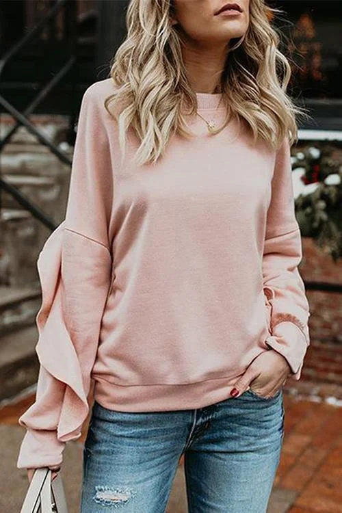 Solid Color Ruffle Round Neck Top