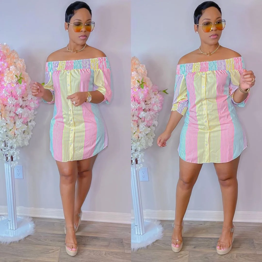 CM.YAYA Women Mini Dress Print Short Sleeve Off Shoulder Straight Loose Dresses Sexy Fashion Vestidos Outfit Summer 2021