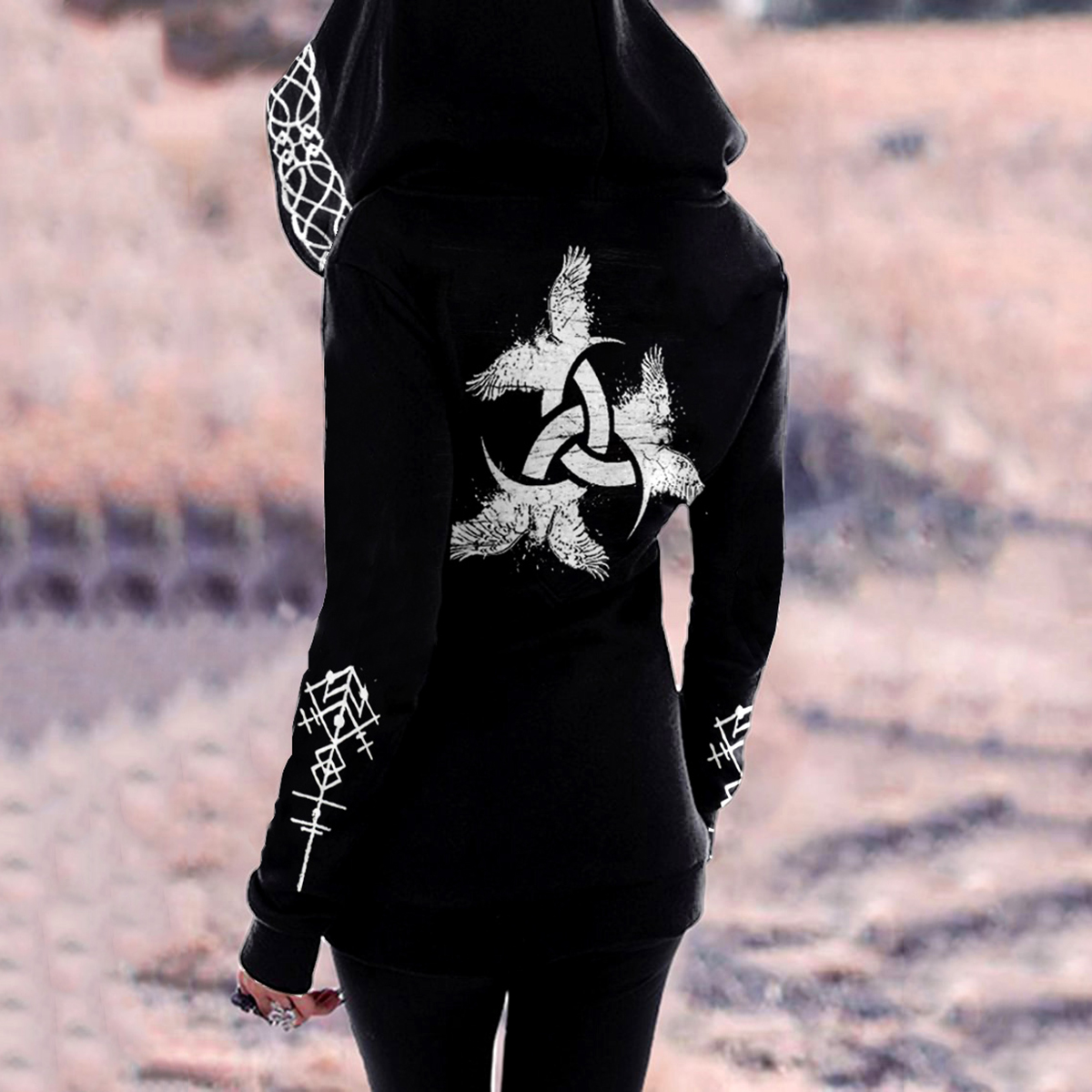 Tribal Celtic Witch Birds Graphics Goth Hoodie