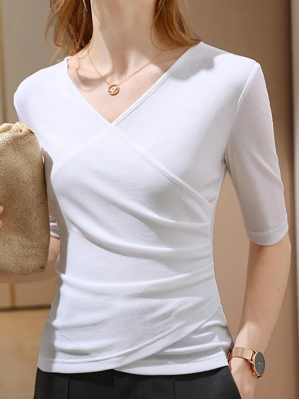 Half Sleeves Plus Size Asymmetric Pleated Solid Color Split-Joint V-Neck T-Shirts Tops