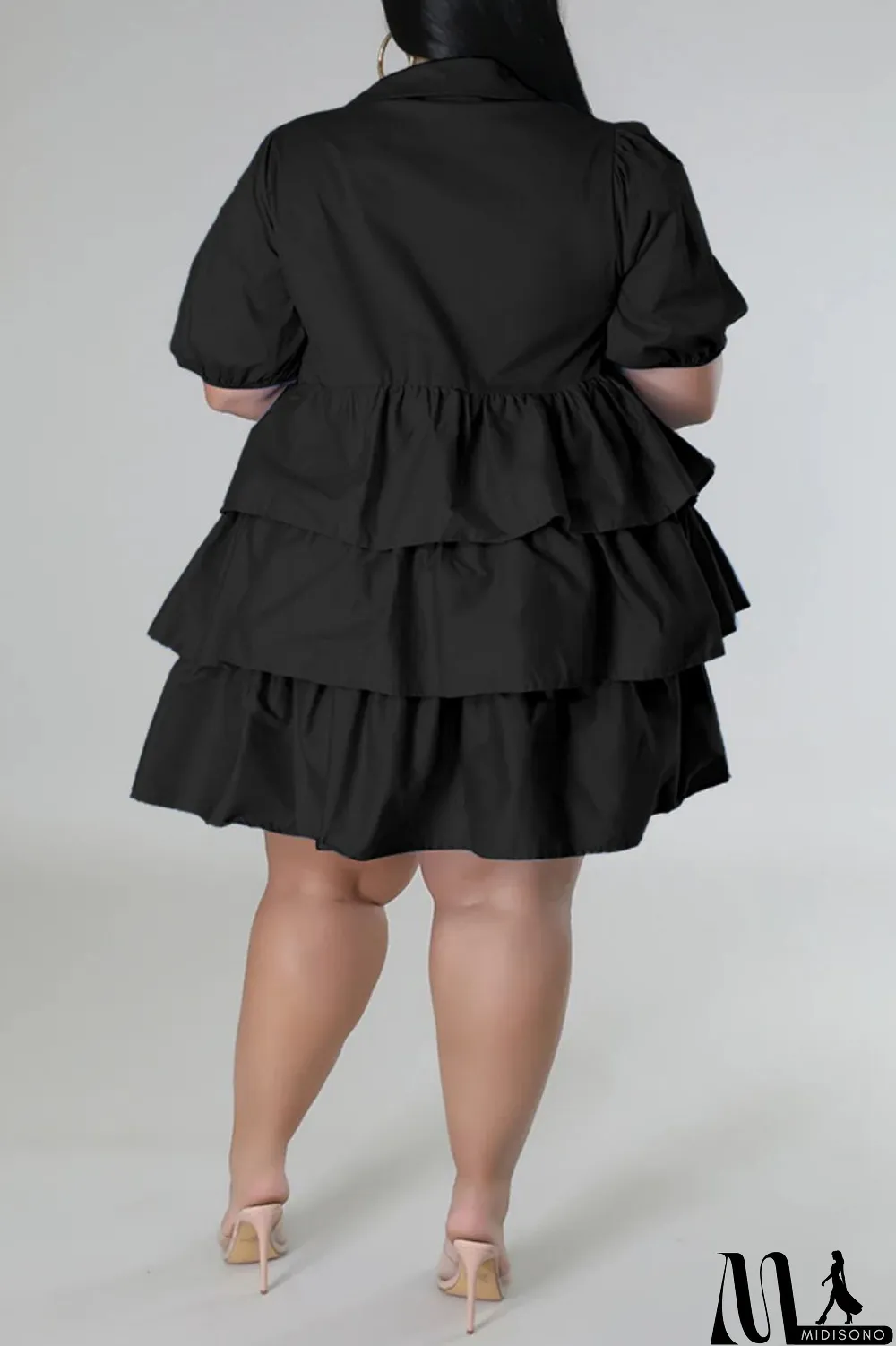 MidiSono - Light Blue Casual Solid Patchwork Turndown Collar Cake Skirt Plus Size Dresses