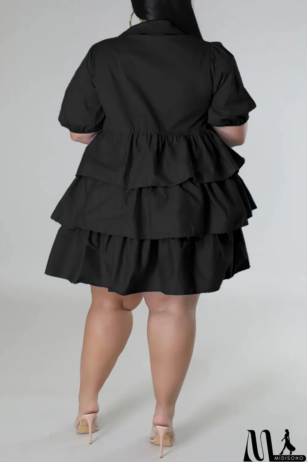 MidiSono - Light Blue Casual Solid Patchwork Turndown Collar Cake Skirt Plus Size Dresses