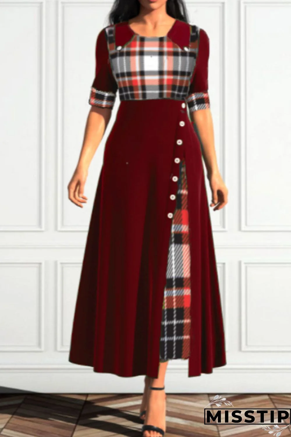 Burgundy Casual Plaid Print Patchwork O Neck A Line Dresses