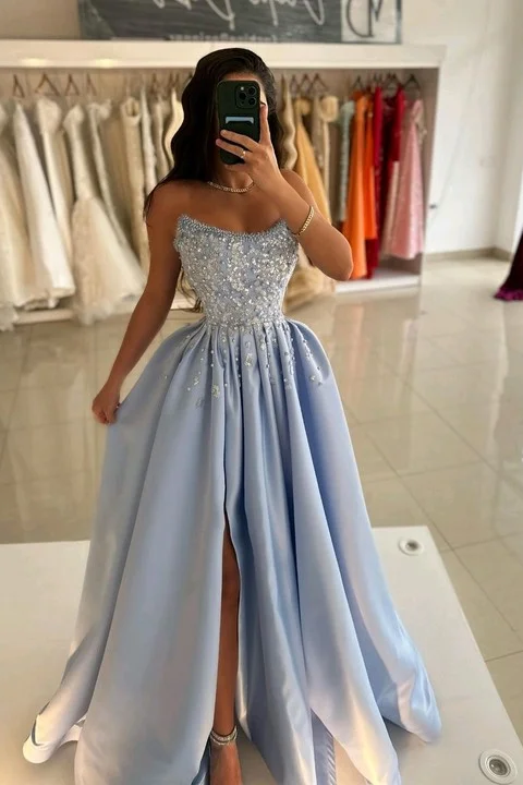 Daisda Stunning Blue Strapless Sleeveless Beaded A-line Prom Dress with Split
