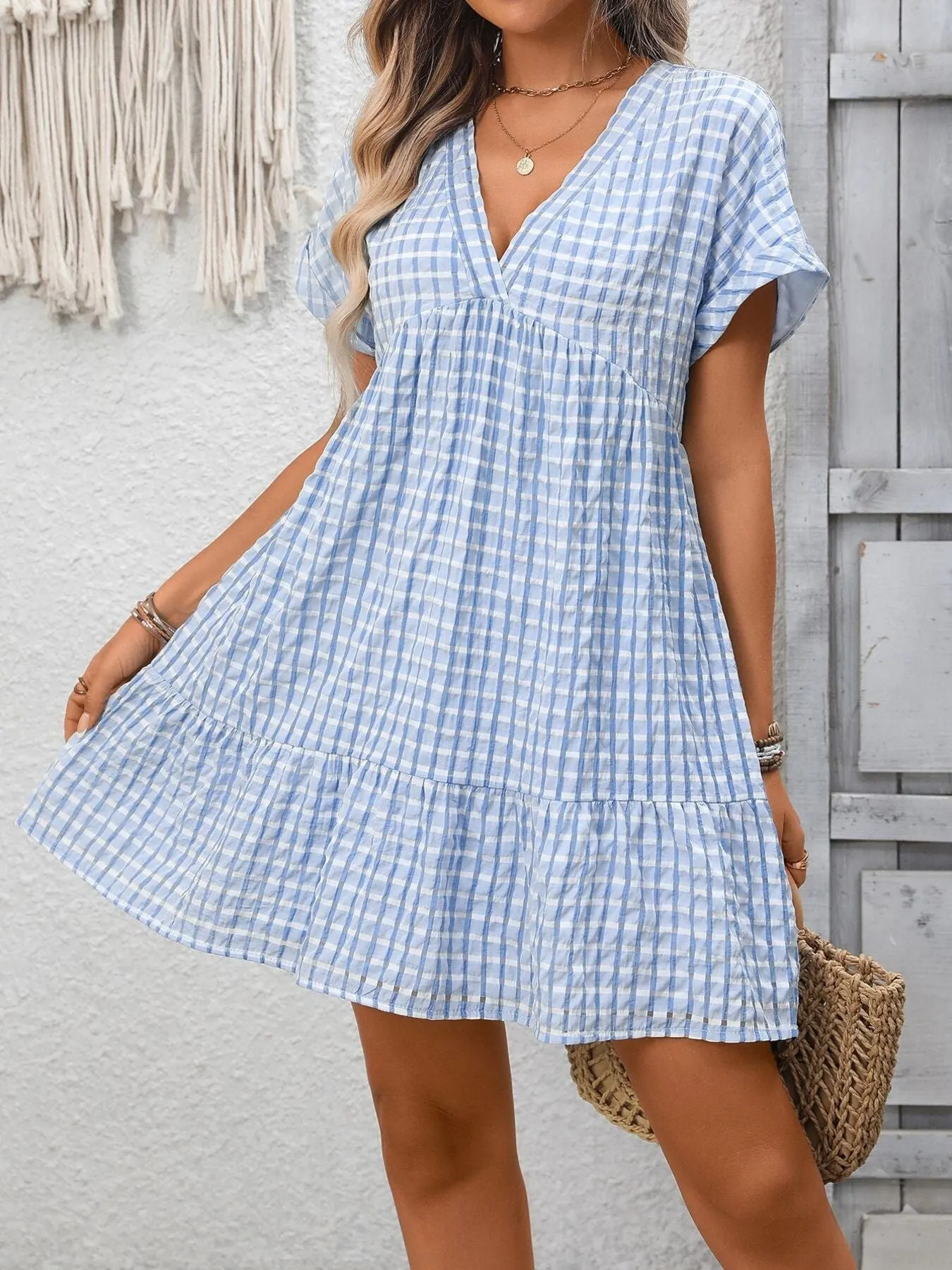 Plaid V-Neck Ruffle Hem Mini Dress mysite idetrend
