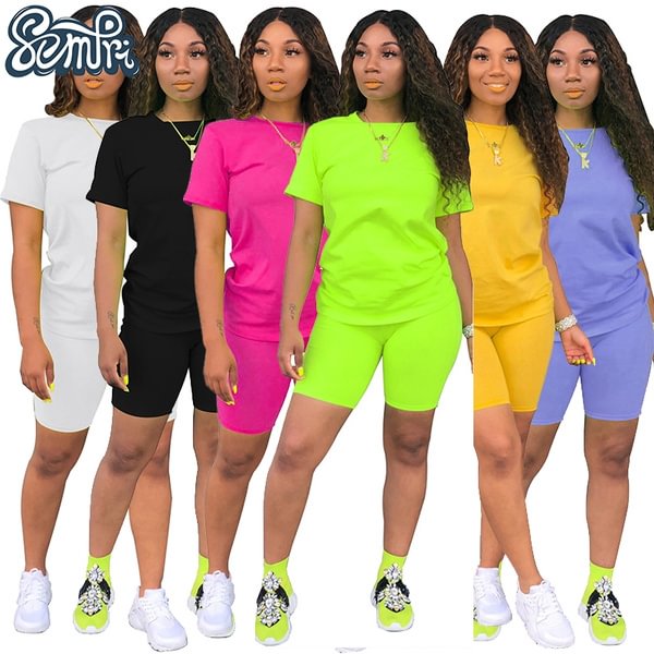 New Women Solid Sporting Casual Two Piece Set Short Sleeve Tee Top Biker Shorts Above Knee Pants Suit Tracksuit Outfits - Shop Trendy Women's Fashion | TeeYours