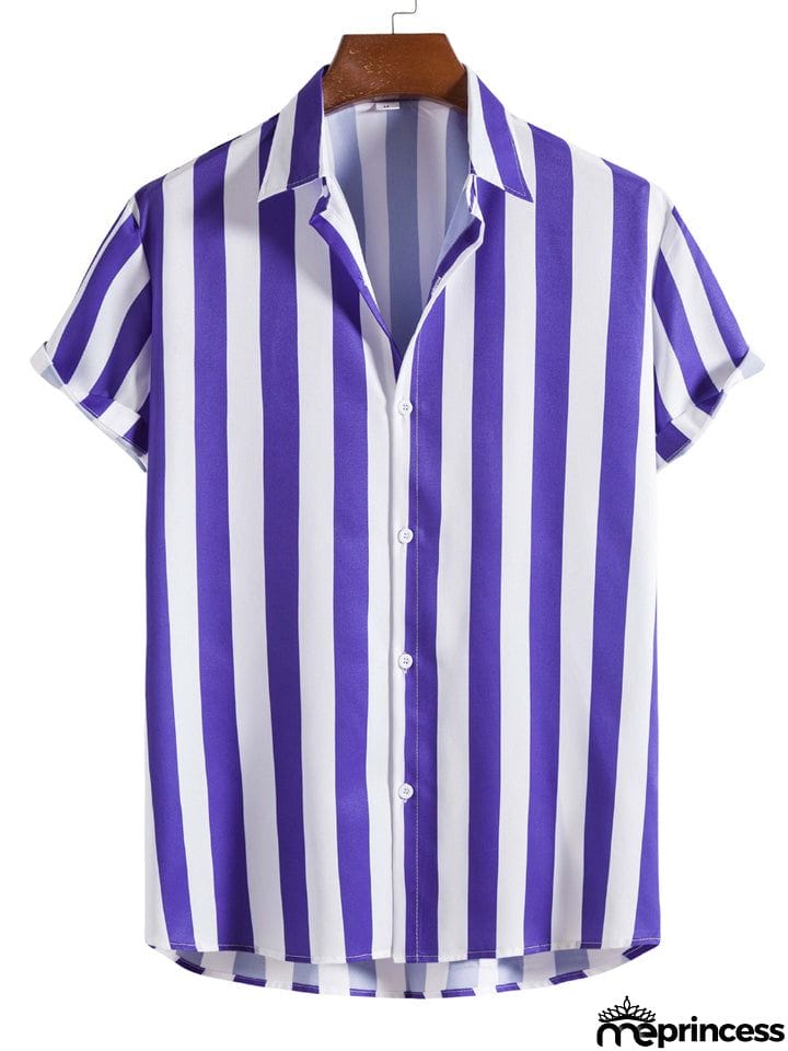 Men's Vertical Striped Button Down Aloha Shirt for Beach