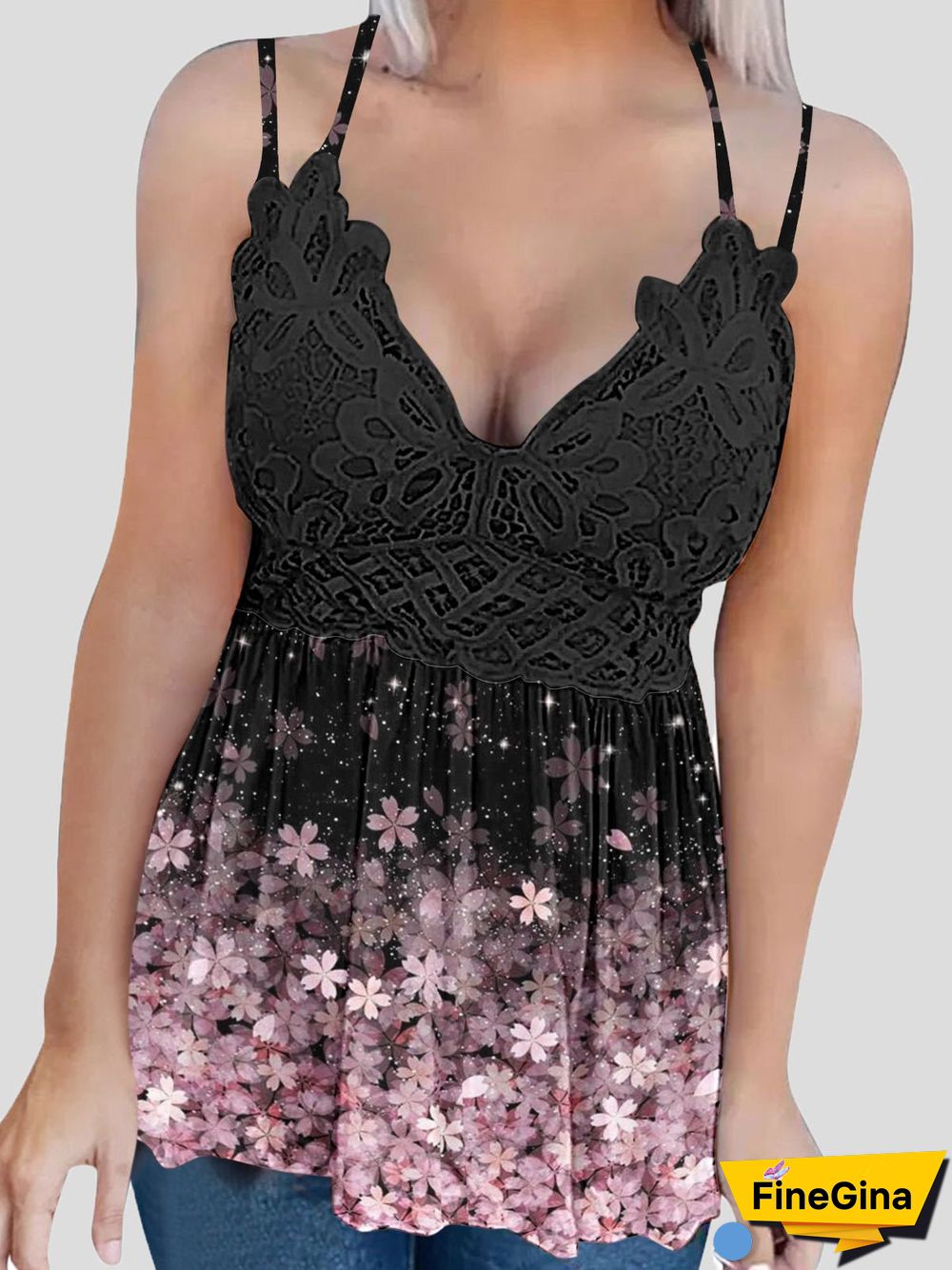Women'S Tank Tops Lace Print V-Neck Adjustable Button Sleeveless Tank Top