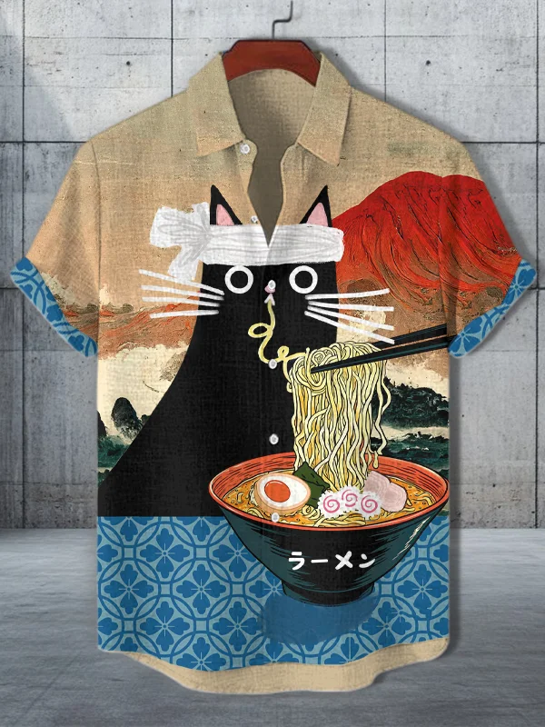 Men's Black Cat Japanese Ramen Print Short Sleeve Shirt