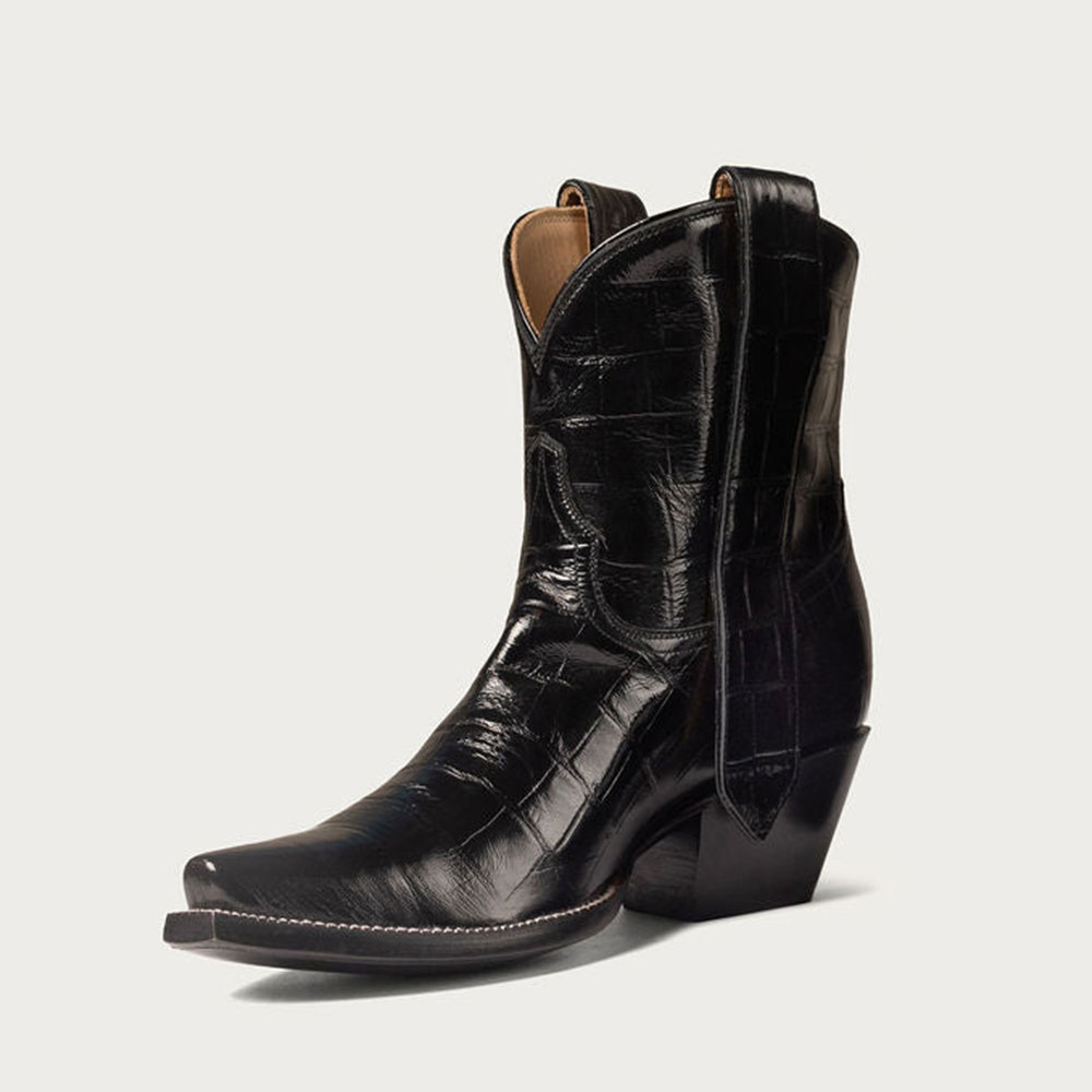 Black Croco Embossed Chunky Heel Cowgirl Boots with Side Loop Nicepairs