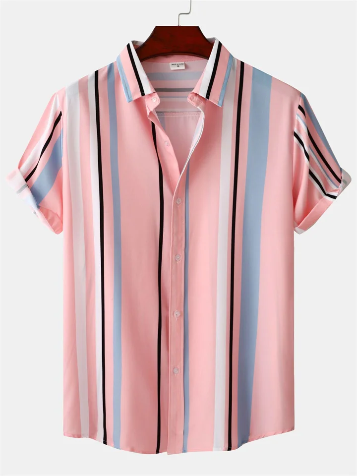 Summer Pink Striped Short Stand-up Collar Shirt Pop-up Men's Short-sleeved Casual Large Size Loose Type Thin Shirt Men's-Cosfine