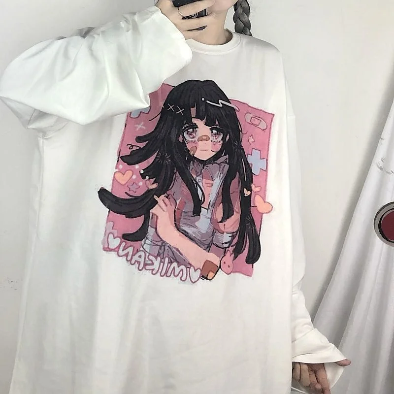 S-XXL Korean Style Preppy White/Pink Cartoon Printed Gothic Long Sleeve Shirt BE526