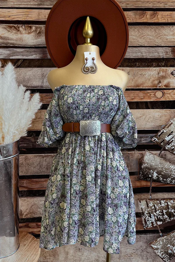 Beautiful Off Shoulder Floral Smocked Dress-0520