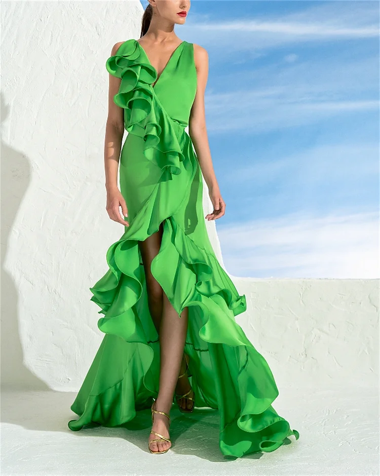 V-neck Green Irregular Ruffles Dress -01