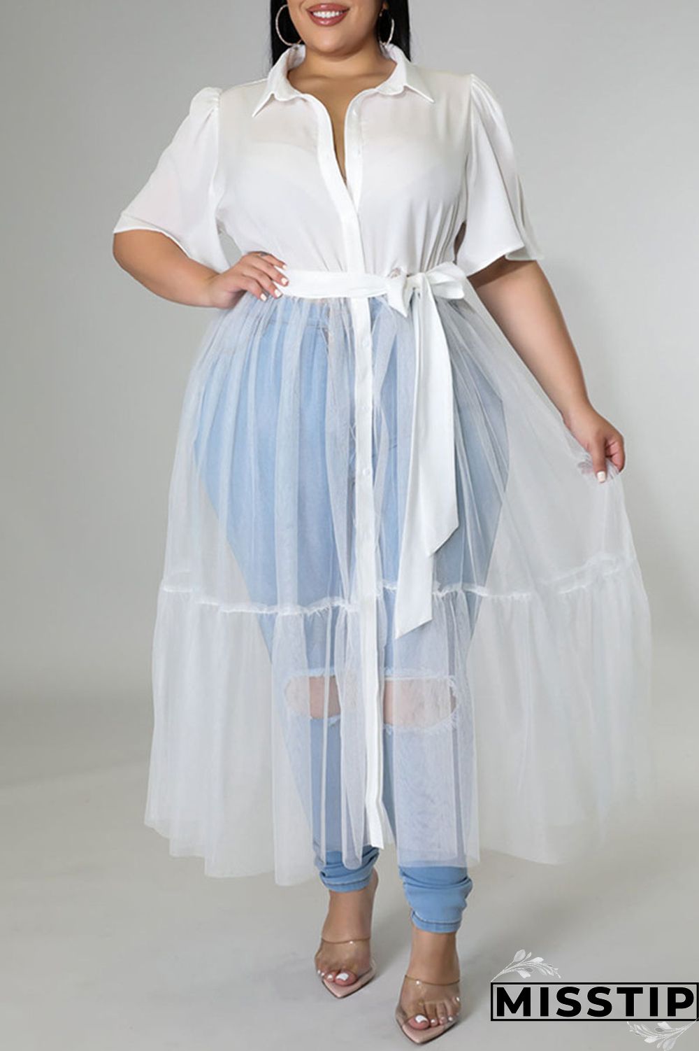 Black Casual Solid Patchwork Buckle Turndown Collar Plus Size Dresses