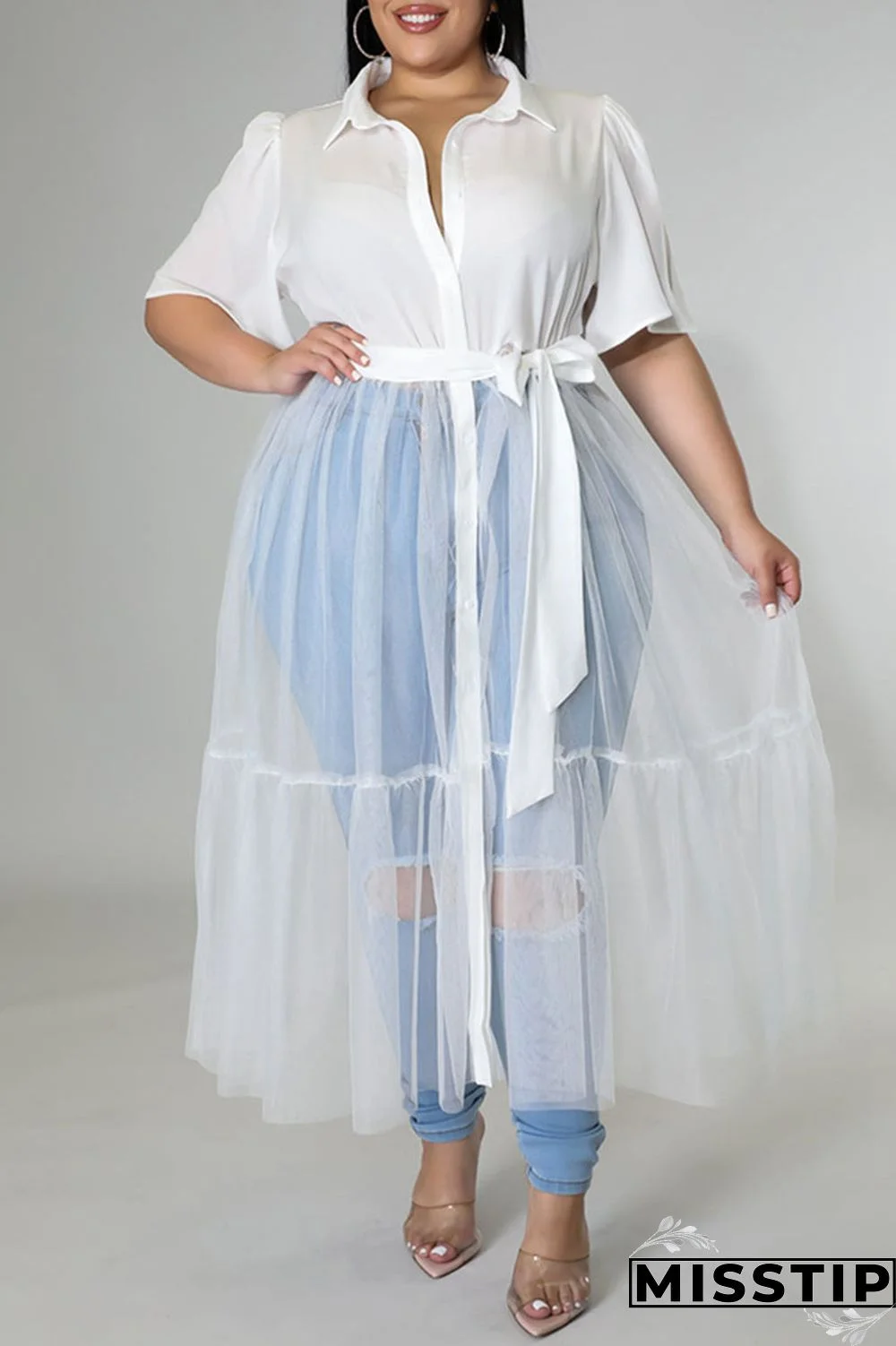 Black Casual Solid Patchwork Buckle Turndown Collar Plus Size Dresses