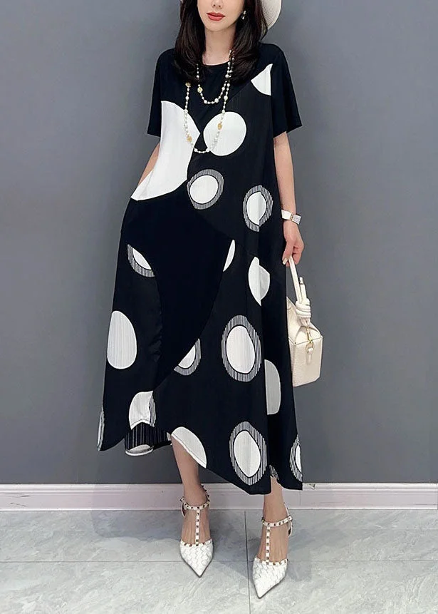 Black Patchwork Cotton Dress Asymmetrical Dot Print Summer
