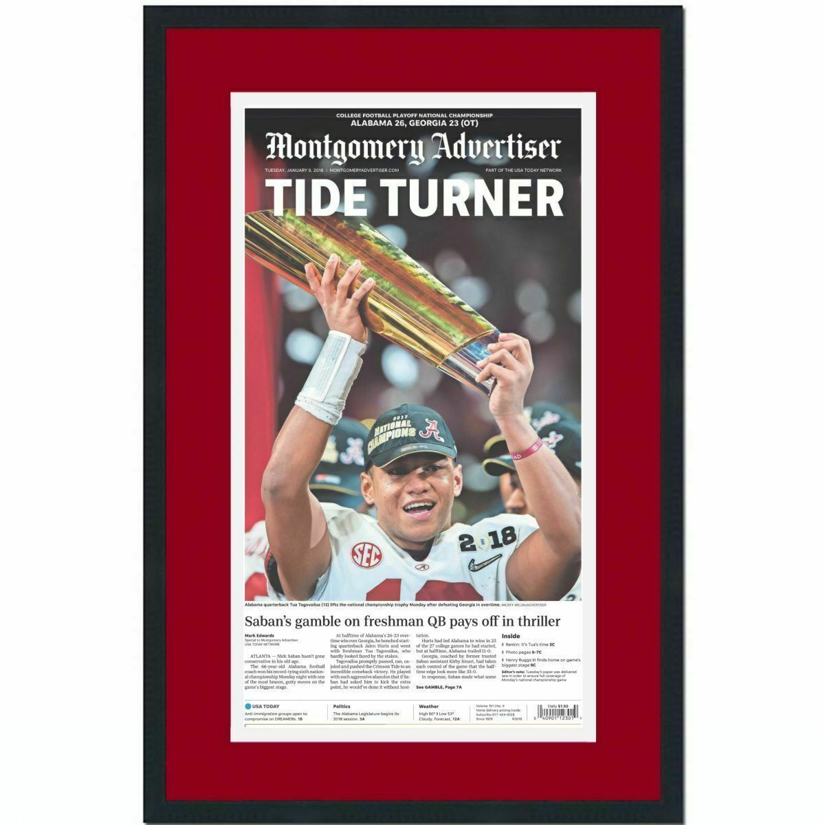 Framed Montgomery Advertiser Alabama 2020 Champions Newspaper Cover 17x27 Photo Poster painting