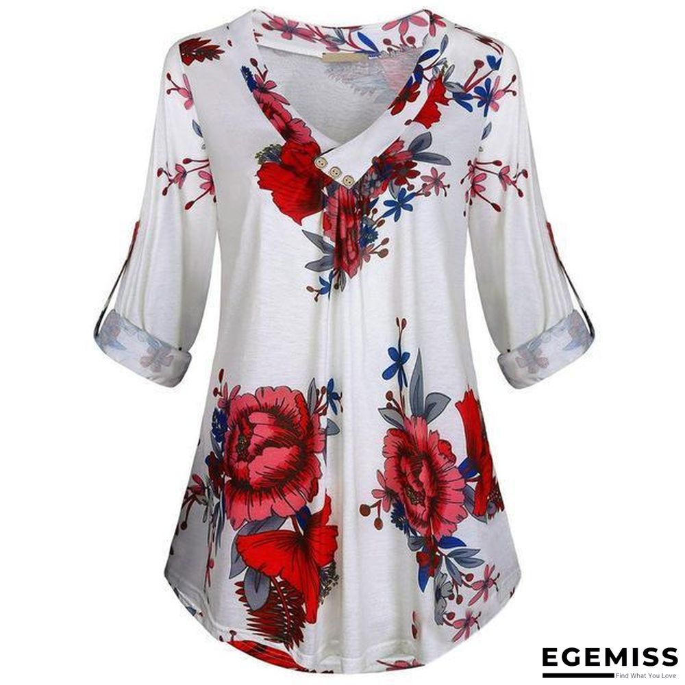 5XL Plus Size Women Tunic Shirt Floral Print V-neck Blouses And Tops | EGEMISS