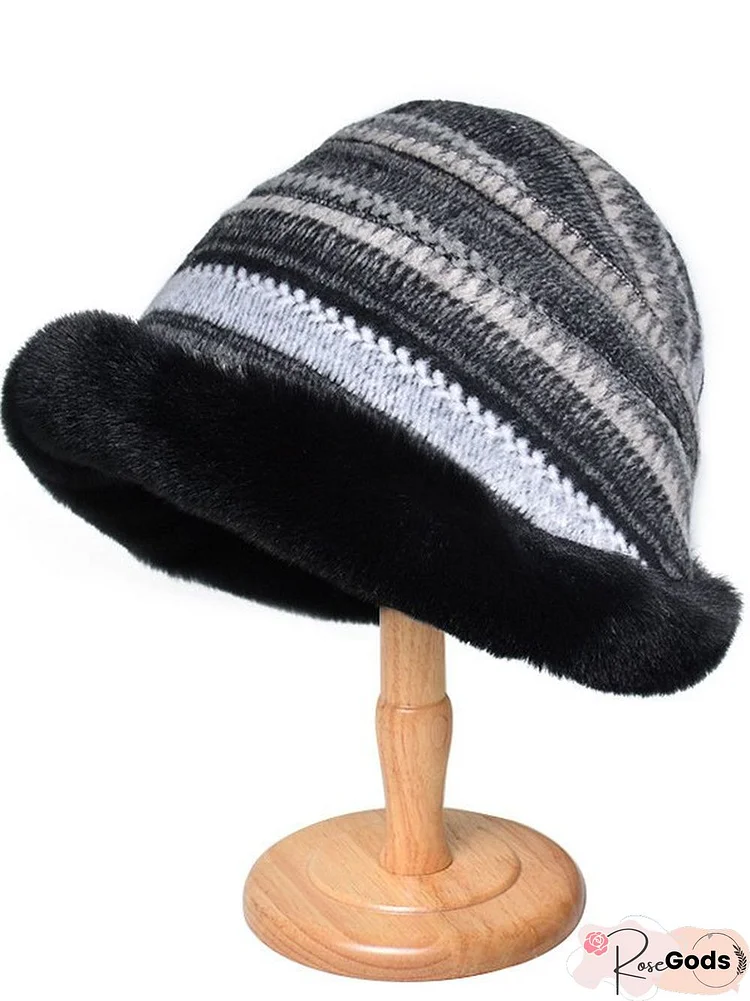 Casual Multicolor Striped Faux Fur Wide Brim Hat Beanie Daily Outdoor Accessories