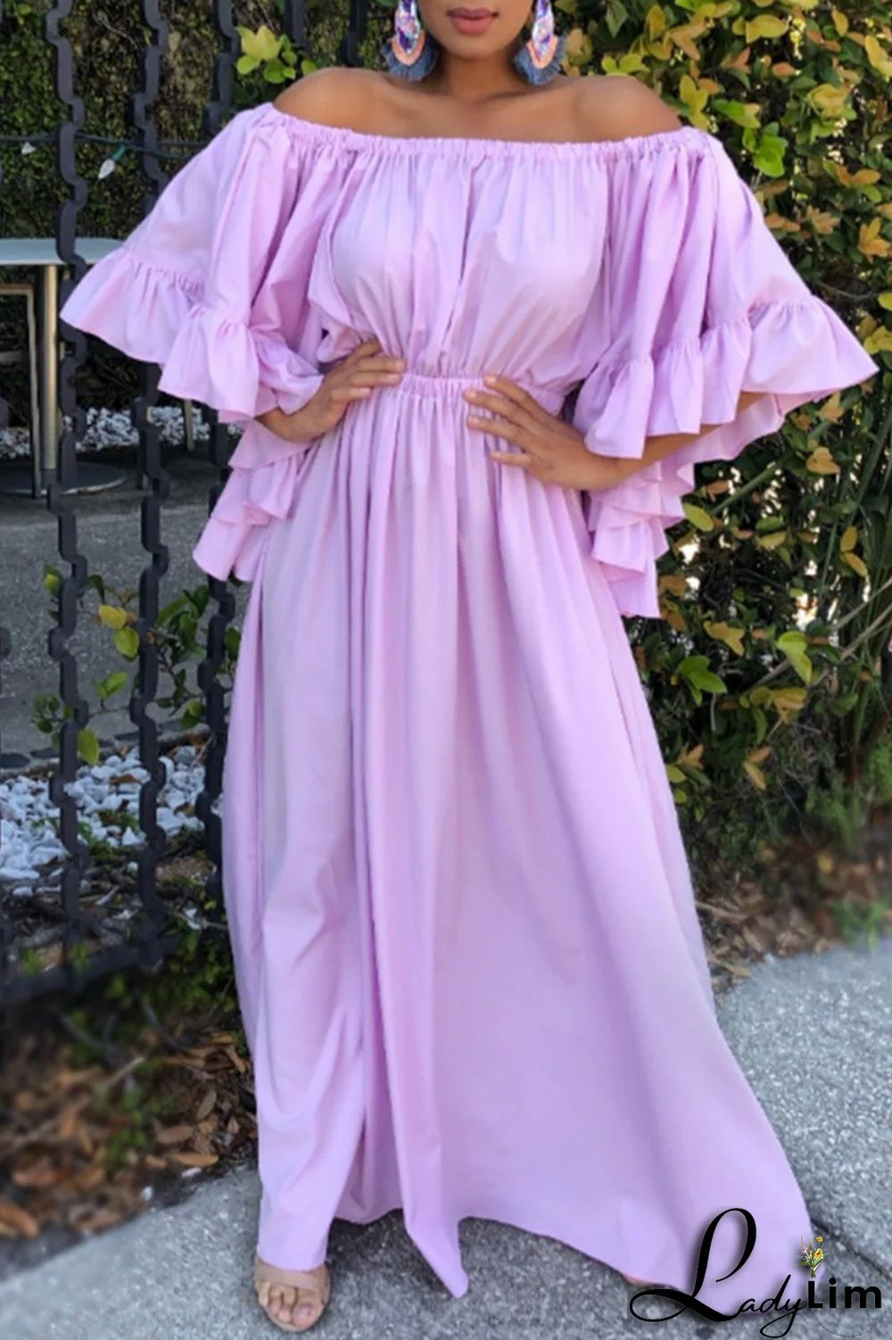 Purple Fashion Casual Solid Split Joint Off the Shoulder Long Dress