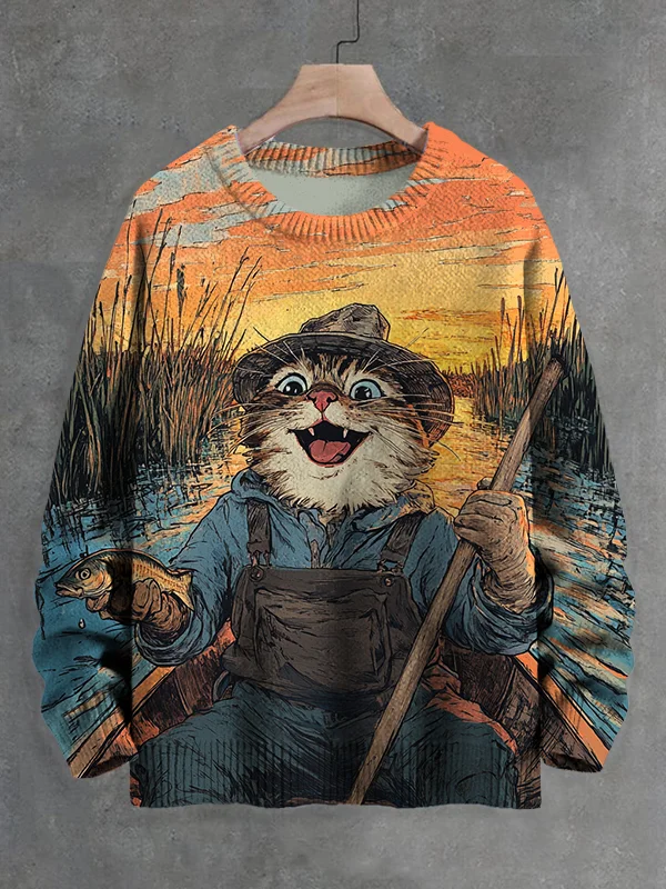 Men's The Cat Caught A Fish In The River Art Print Knit Sweatshirt