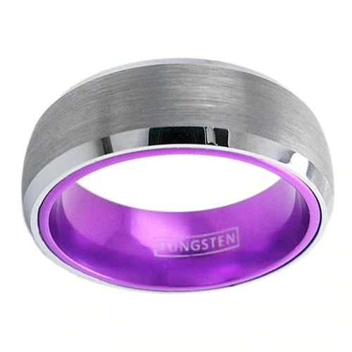 Women's Or Men’s Tungsten Carbide Wedding Band Rings,Matte Finish Silver Top with Violet Purple Inside,Beveled Edged Ring With Mens And Womens For Width 4MM 6MM 8MM 10MM