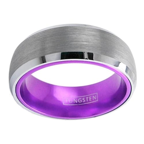Women's Or Men’s Tungsten Carbide Wedding Band Rings,Matte Finish Silver Top with Violet Purple Inside,Beveled Edged Ring With Mens And Womens For Width 4MM 6MM 8MM 10MM