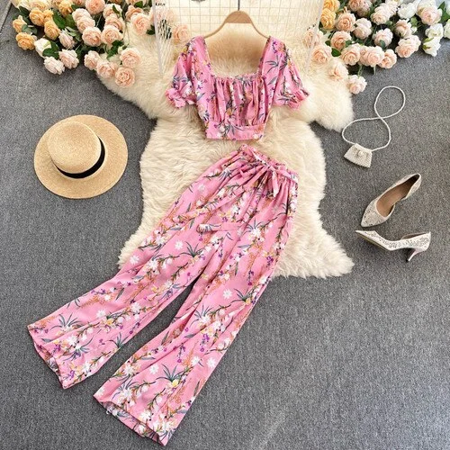 FTLZZ Summer Women Holiday Style Chiffon Printing Two Piece Set Short Shirt High Waist Wide Leg Pants Ladies Idyllic Style Sets