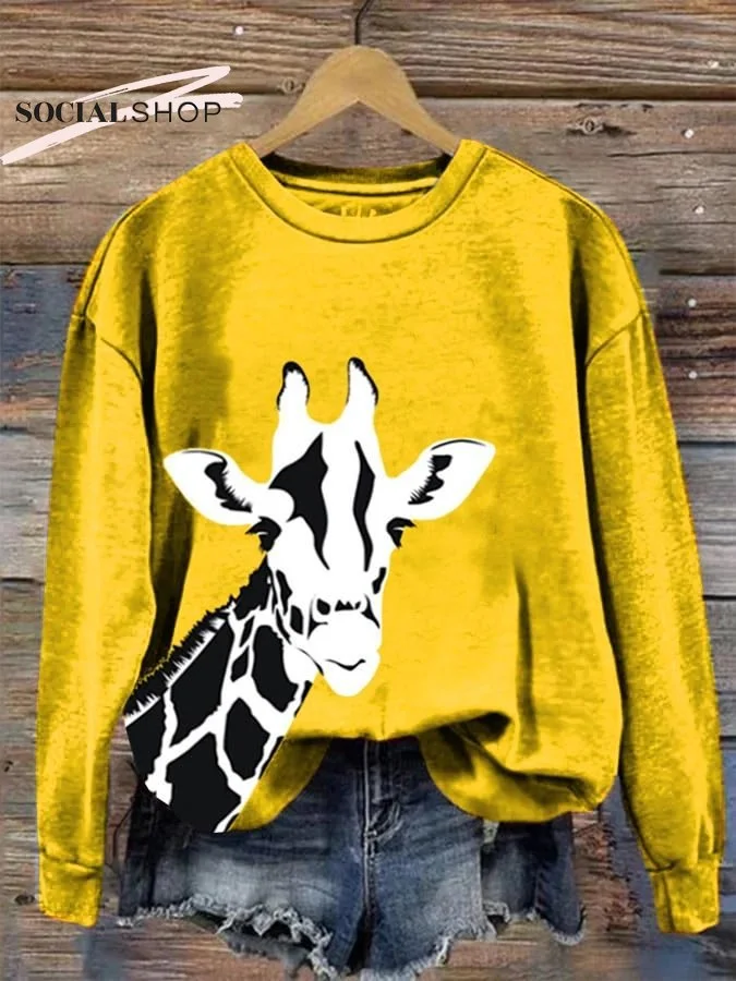 Women's Cute Giraffe Print Long Sleeve Round Neck Sweatshirt socialshop