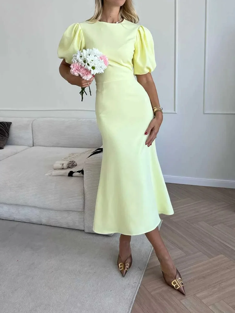 Simple High Waist Puff Sleeve Midi Dress
