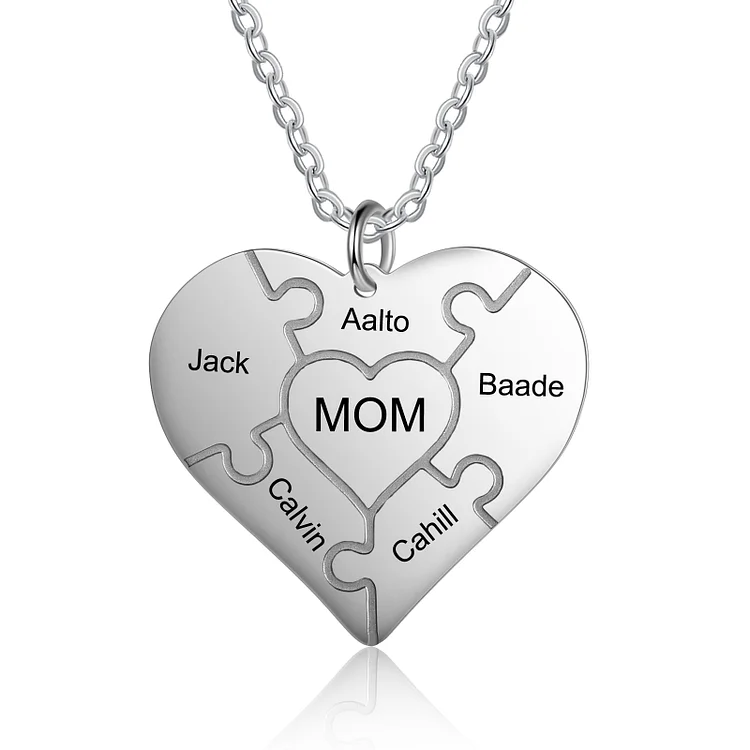 Personalized Heart Puzzle Necklace Engraved 5 Names Family Necklace
