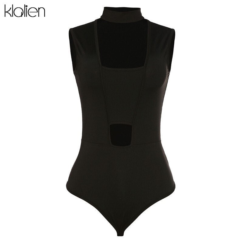 KLALIEN black sexy skinny female bodysuits 2020 summer fashion beach casual vacation hollw out sleeveless low cut bodysuit lady