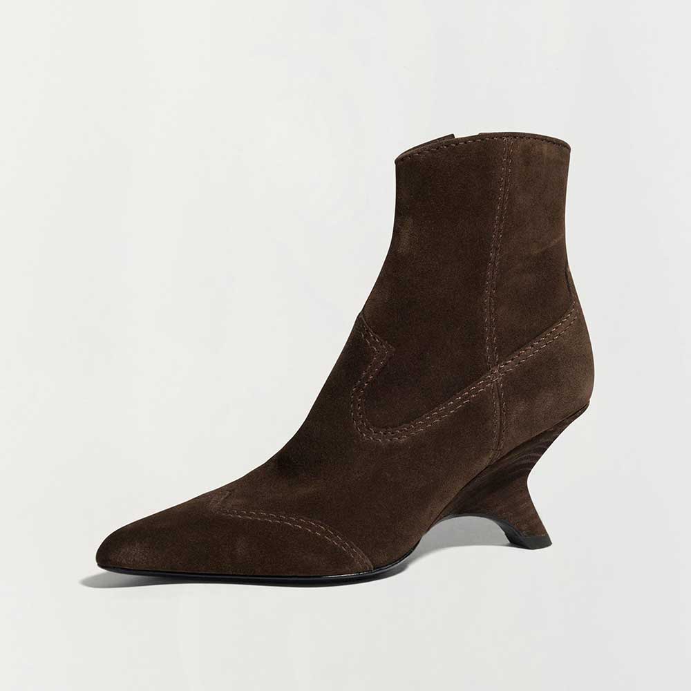 Brown Vegan Suede Stitching Angled Wedge Heel Ankle Boots